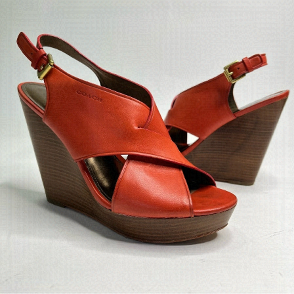 Coach Jamila Burnt Orange across over Peep-toe Ankle Strap Platform Wedge Sandal